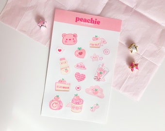 Peachie Bear Kawaii Sticker Sheet | Waterproof Vinyl Journal Stickers, Desserts & Pastries