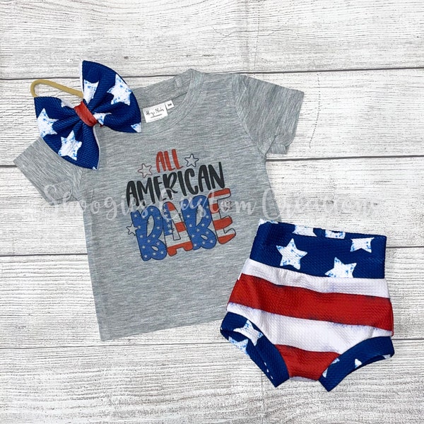All American Babe Patriotic Bow and Bummie Matching Set for Kids and Babies