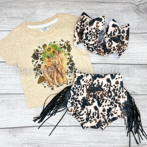 Cowhide and Highland Cow Bow and Bummie Matching Set for Kids and Babies, Fringed Cowhide Bummie and Bow Set
