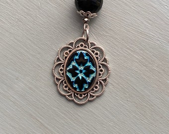 Etched Black and Blue Necklace--Vintage