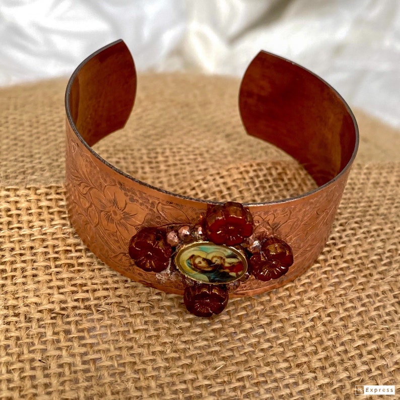 Virgin and Baby Jesus vintage copper cuff bracelet