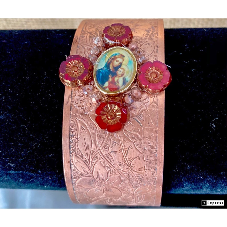 Virgin and Baby Jesus vintage copper cuff bracelet