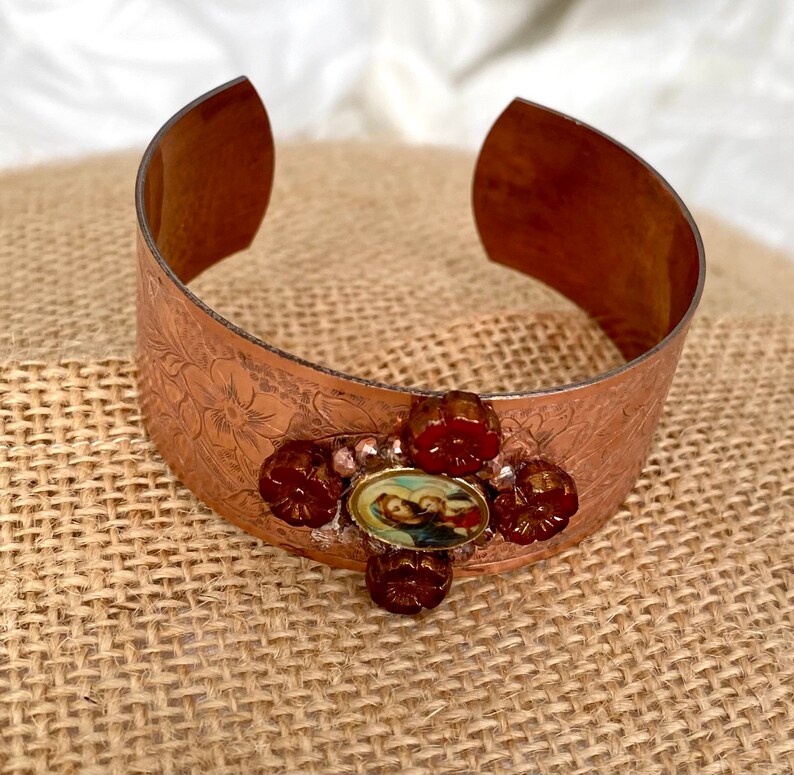 Virgin and Baby Jesus vintage copper cuff bracelet