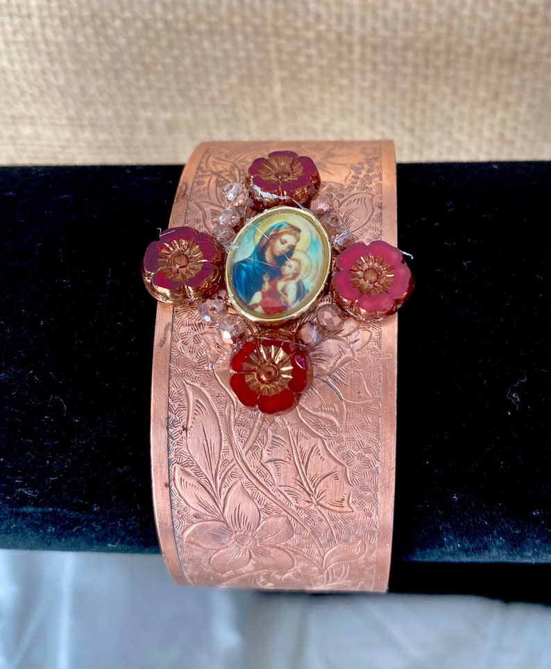 Virgin and Baby Jesus vintage copper cuff bracelet