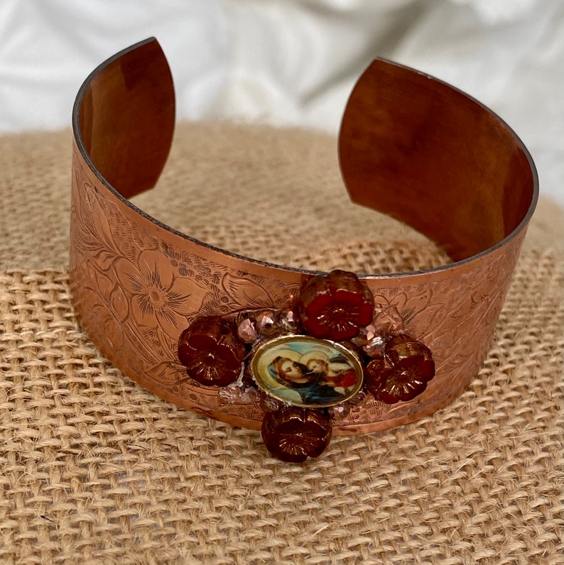 Virgin and Baby Jesus vintage copper cuff bracelet