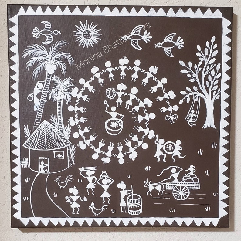 12 by 12 wrapped canvas Traditional warli folk art