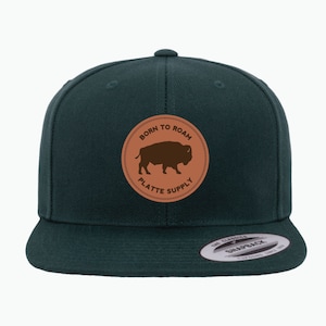 Mens Hats - Born To Roam - Classic 6 panel snapback cap featuring a stamped leather patch with buffalo image from Platte Supply