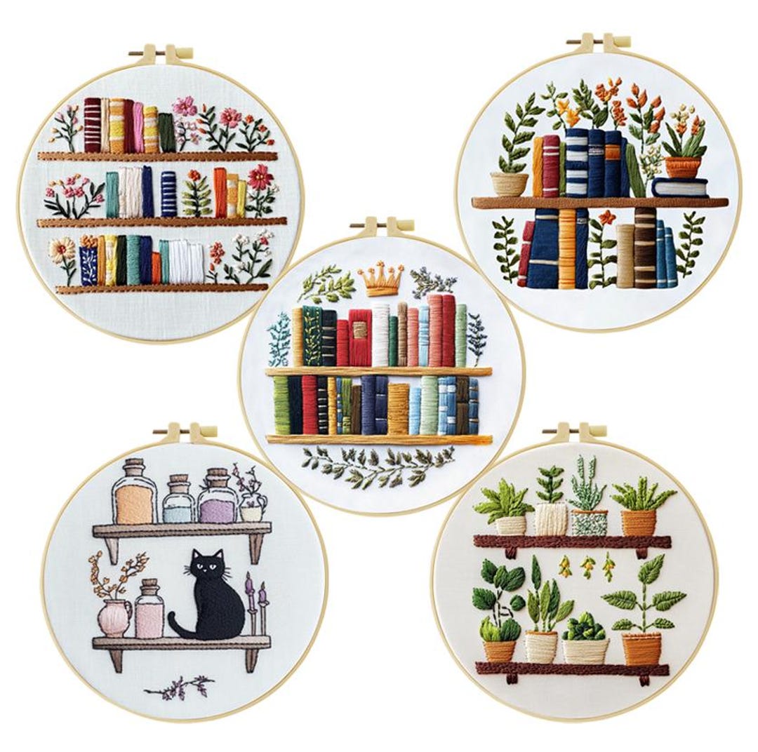 Books & Plants Embroidery Starter Kit Cat Bookshelf Pattern With ...