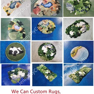 May include: A collection of nine custom-made rugs with various designs and colors. The rugs are made with different textures and materials, including fluffy, shaggy, and smooth. The rugs are displayed on a blue surface. We Can Custom Rugs, Please contact us .thank you