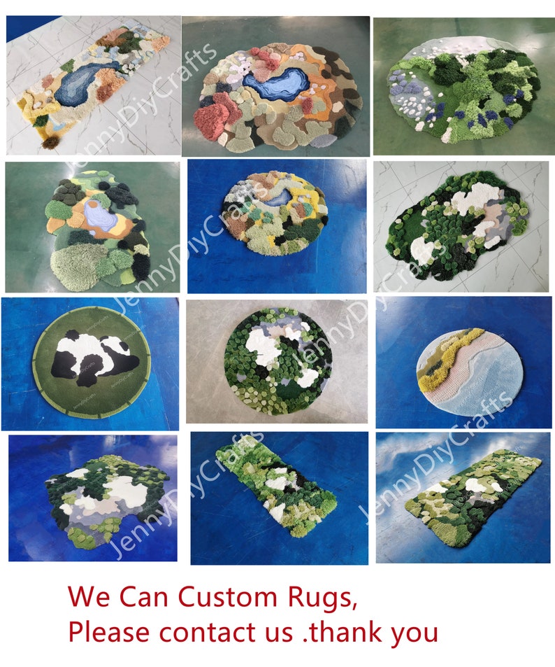 May include: A collection of nine custom-made rugs with various designs and colors. The rugs are made with different textures and materials, including fluffy, shaggy, and smooth. The rugs are displayed on a blue surface. We Can Custom Rugs, Please contact us .thank you