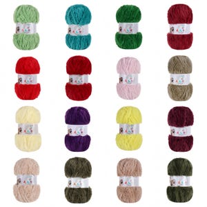 May include: Sixteen individual skeins of fuzzy, textured yarn arranged in a four-by-four grid. Each skein features a white paper band with printed text and graphics, showcasing a variety of solid colors including green, red, pink, yellow, and brown.