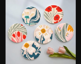 6 stuks handgemaakte punchnaald bloemen onderzetter kit met inrijger patroon stof hoepelgaren doe-het-zelf cadeau voor haar Borduurwerk kinderen