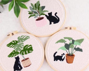 Handcrafted Cat Plant Set Punch Needle Kit with Tool Wall Art Inspired Cats Pet Lover Gift