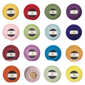May include: Sixteen round balls of Rhapsody size 80 crochet thread in various colors including yellow, red, green, purple, pink, light green, light blue, dark blue, maroon, lavender, bright blue, orange, peach, light lavender, pale green, and pale yellow.
