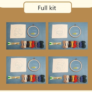 May include: Four embroidery kits are shown, each with a canvas featuring a cartoon design, an embroidery hoop, thread, and tools. The kits include various colours of thread and are arranged on a blue surface. The text "Full kit" is at the top.