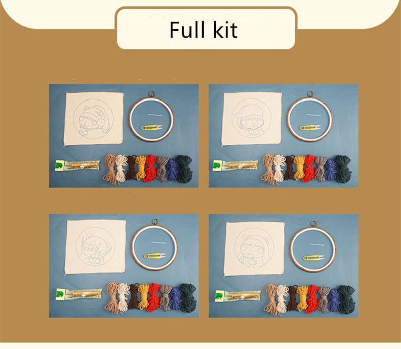 May include: Four embroidery kits are shown, each with a canvas featuring a cartoon design, an embroidery hoop, thread, and tools. The kits include various colours of thread and are arranged on a blue surface. The text "Full kit" is at the top.