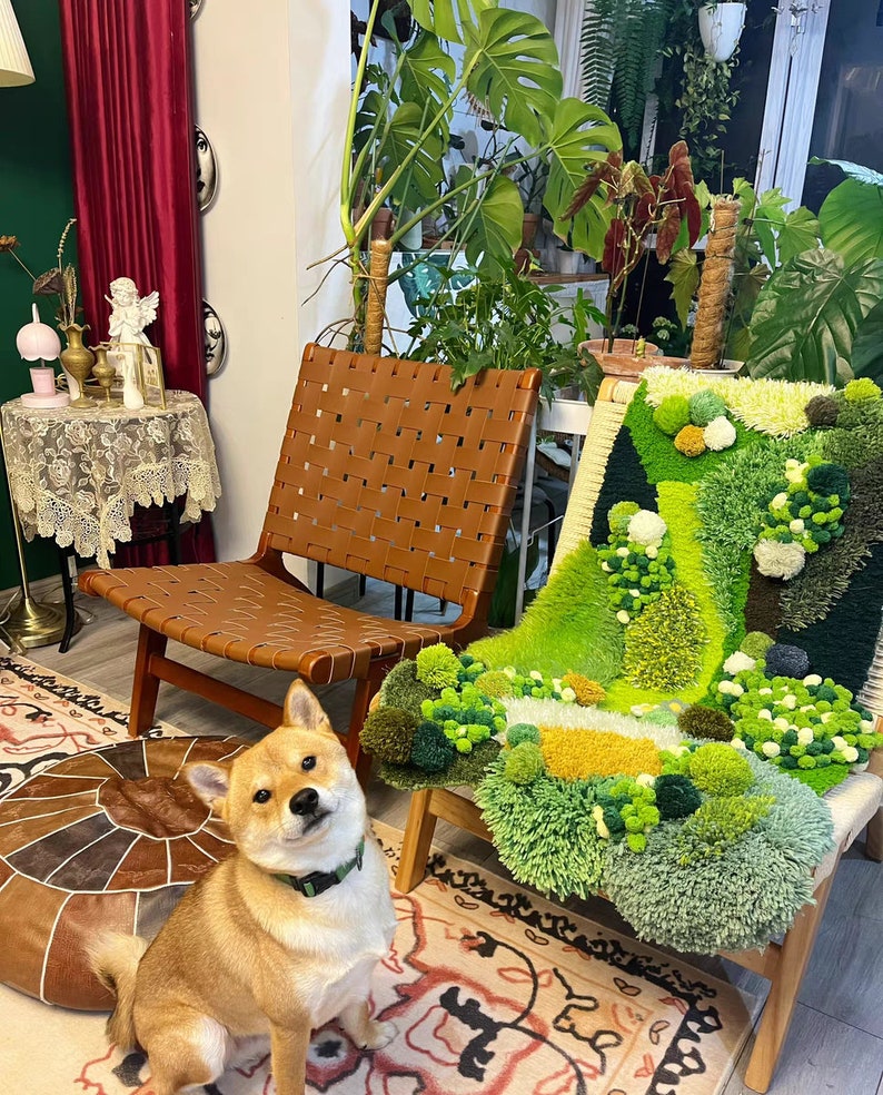 May include: A brown leather chair with a woven back and seat, a brown and tan patterned rug, and a Shiba Inu dog sitting on the rug. The chair is in front of a green and white rug with a textured design.
