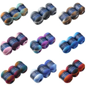 May include: Nine sets of lace thread yarn in various colour combinations, including teal, grey, brown, pink, purple, blue, and orange. Each set contains three skeins of yarn, ideal for knitting or crochet projects.