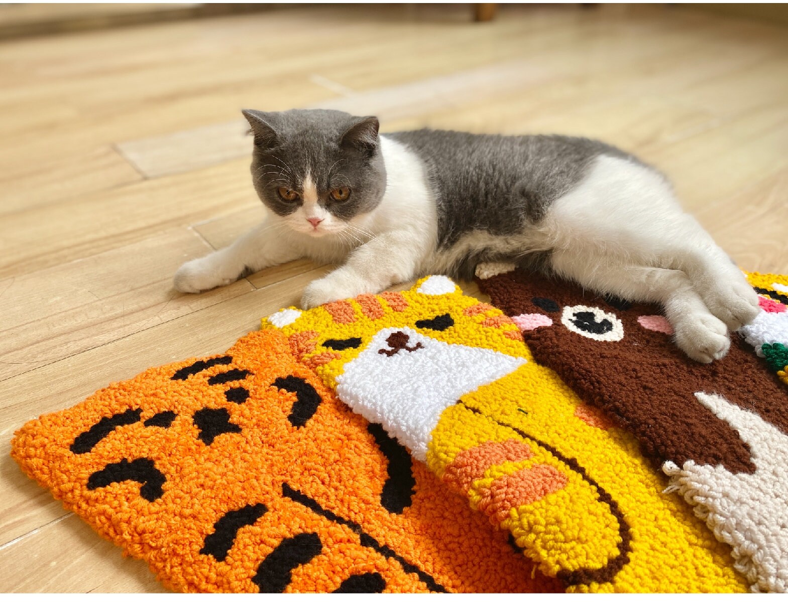 VIONNPPT Schattige kattenknoop mat voor het binden van zelfborduren, tapijt, onbehandeld gehaakte vloerkleed set met onderdrukking, latchhook-kit voor