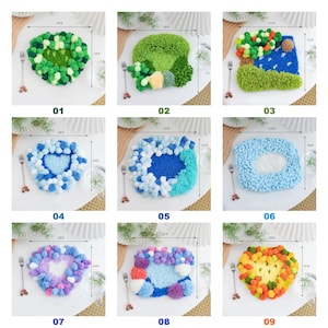 May include: Nine decorative placemats in various designs and colours. Each placemat is handmade, with measurements in centimetres. The designs include green, blue, and yellow, with the largest measuring 23cm x 21cm.
