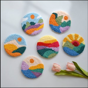 Mountain & Sun Punch Needle Coaster Full Kit for Starter DIY Punch Coaster Making Kit, 5.5 inch,Christmas Gift