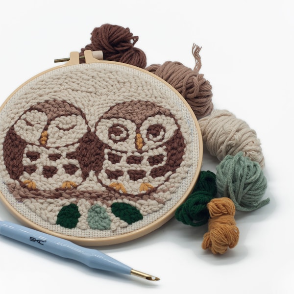 OWL Punch Needle Full Kits for Beginner With Threader Fabric Embroidery Hoop Yarn Rug Punch Needle ,Funny Diy Craft for Adults & Kids