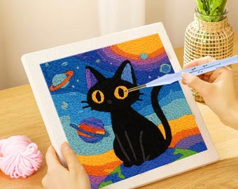 10'' Square Cat Punch Needle Full kit,  DIY Beginner embroidery punch kit ,DIY Wall art,Crafts Gift ,Gift for Crafters,Christmas gift