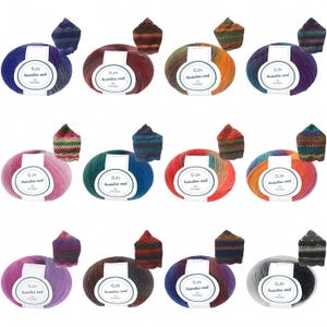 May include: A collection of colorful yarn skeins with matching knitted hats. The yarn balls display a gradient of colors, including blue, red, green, and purple. Each skein has a white label with the text "QJH Australian wool".