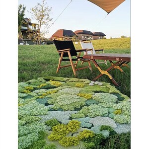 May include: A green, yellow, and white patterned rug with a textured surface. Two wooden chairs and a wooden table are in the background.