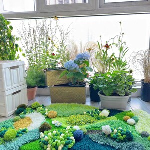May include: A green, blue, and white rug with a variety of textures and shapes. The rug is made of yarn and has a variety of different colors and textures. The rug is in front of a window with plants in pots.