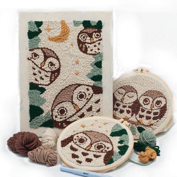 OWL Punch Needle Full Kits for Beginner With Threader Fabric Embroidery Hoop Yarn Rug Punch Needle ,Funny Diy Craft for Adults & Kids