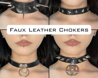 Faux Leather Chokers - Spiked Collars, Buckle, Heart, Pentagram, Cross, Pendant, Star, Dog Collar Necklace