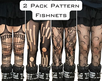 2 Pack Patterned Fishnet Tights - Moon, Star, Kawaii, Hearts, Gothic, Cut-Out, Diamond, Pentagram, Chevron Tribal, Cross, Abstract, Snake