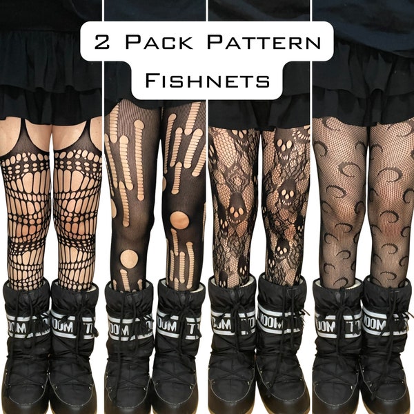 2er-Pack gemusterte Netzstrumpfhosen – Mond, Stern, Kawaii, Herzen, Gothic, Ausschnitt, Raute, Pentagramm, Chevron Tribal, Kreuz, Abstrakt, Schlange