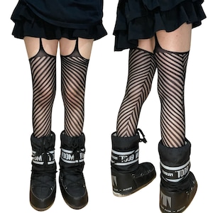 Black Striped Suspender Patterned Fishnet Tights