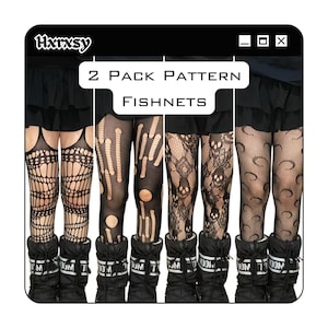 2 Pack Patterned Fishnet Tights - Moon, Star, Kawaii, Hearts, Gothic, Cut-Out, Diamond, Pentagram, Chevron Tribal, Cross, Abstract, Snake