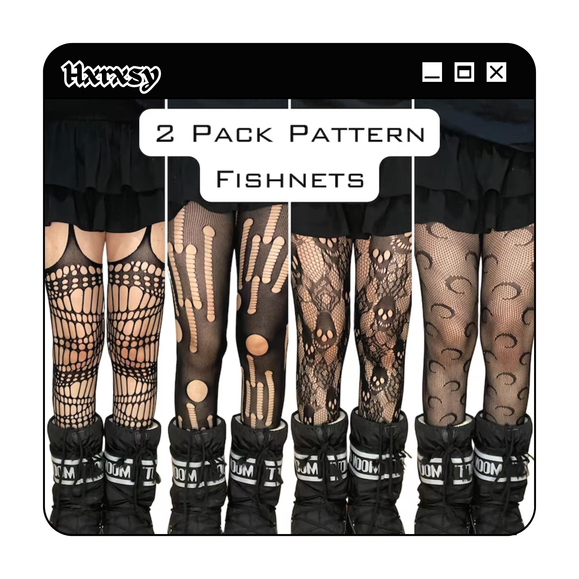 2 Pack Patterned Fishnet Tights - Moon, Star, Kawaii, Hearts, Gothic, Cut-Out, Diamond, Pentagram, Chevron Tribal, Cross, Abstract, Snake