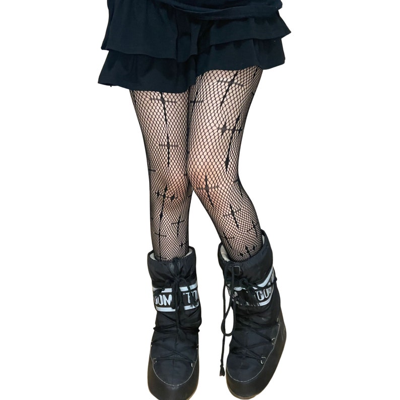 Black Cross Patterned Fishnet Tights image 6