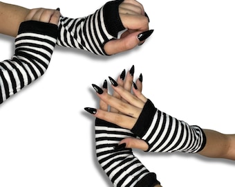 Alt Black & White Striped Fingerless Gloves