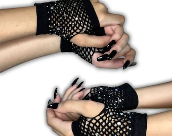 Alt Black Fingerless Rhinestone Gloves