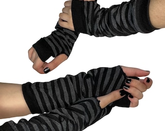 Alt Grey & Black Striped Fingerless Sleeves