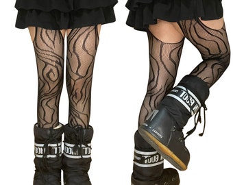 Black Vine Patterned Suspender Fishnet Tights