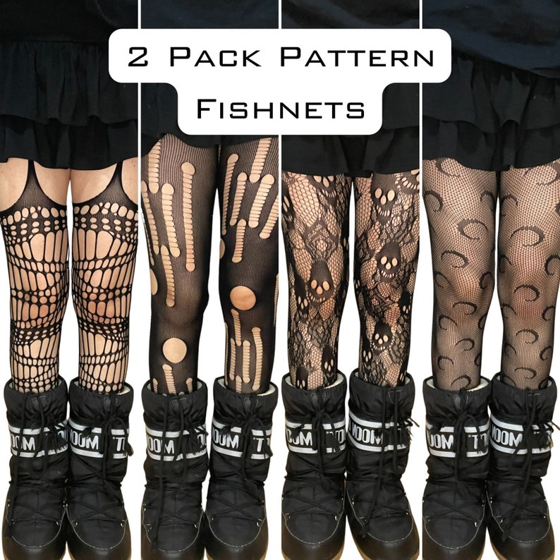 2 Pack Patterned Fishnet Tights Moon, Star, Kawaii, Hearts, Gothic, Cut-Out, Diamond, Pentagram, Chevron Tribal, Cross, Abstract, Snake image 1