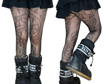 Black Abstract Floral Patterned Fishnet Tights