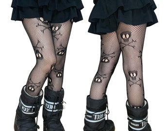 Black Skull & Bones Patterned Fishnet Tights