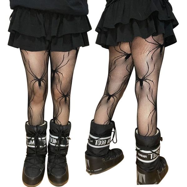 Black Long Spider Patterned Fishnet Tights