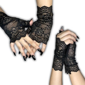 Alt Black Fingerless Floral Lace Gloves