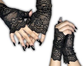 Alt Black Fingerless Floral Lace Gloves