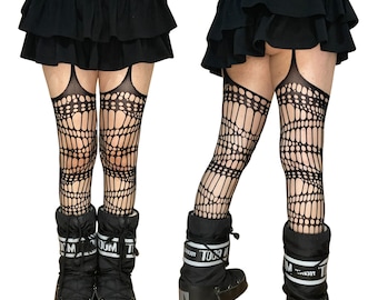 Black Distressed Suspender Tights