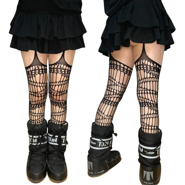 Black Distressed Suspender Tights